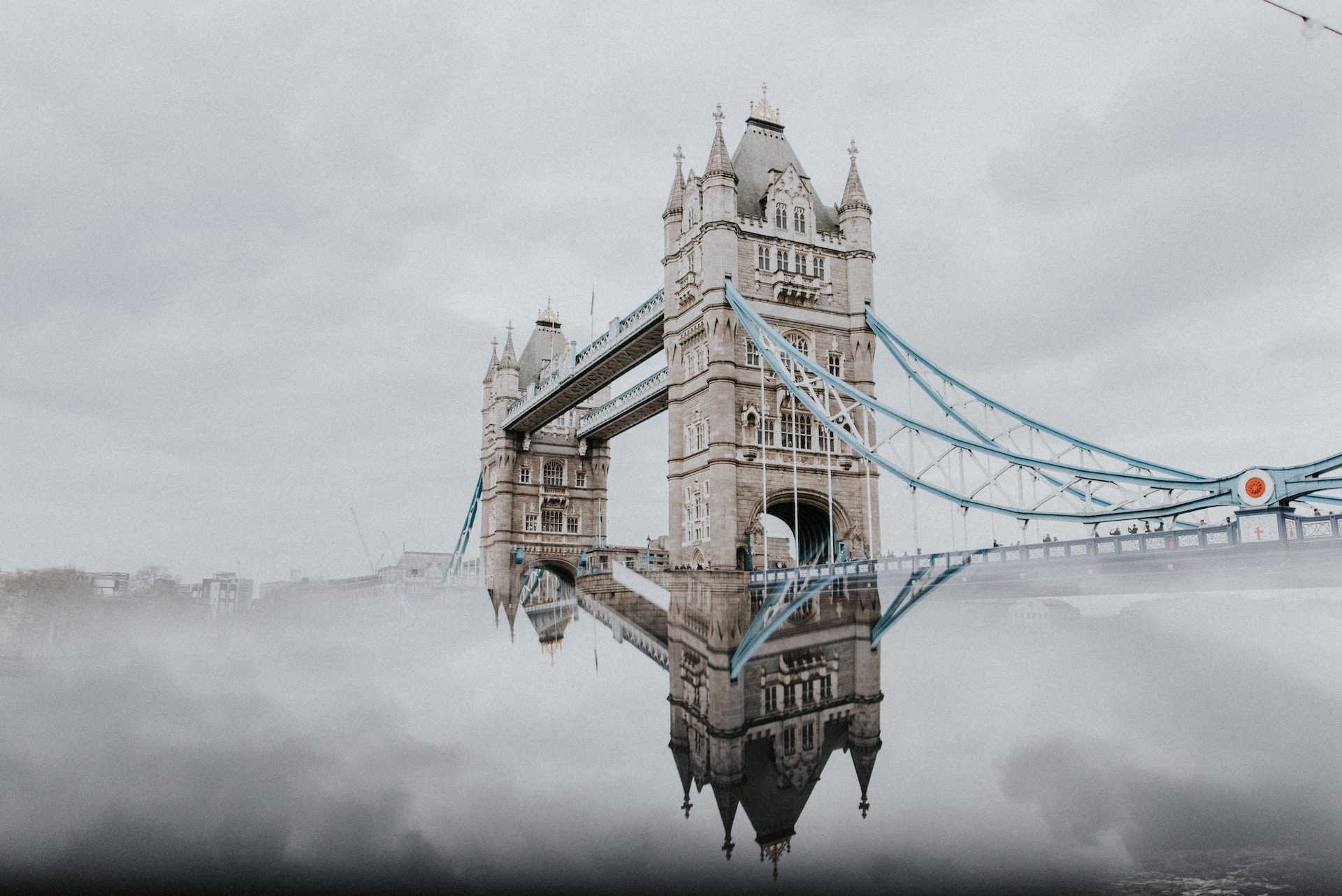 Tower Bridge, London with mist and grey clouds