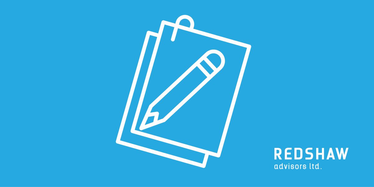 pen and paper white icon with Redshaw advisors white logo on blue background
