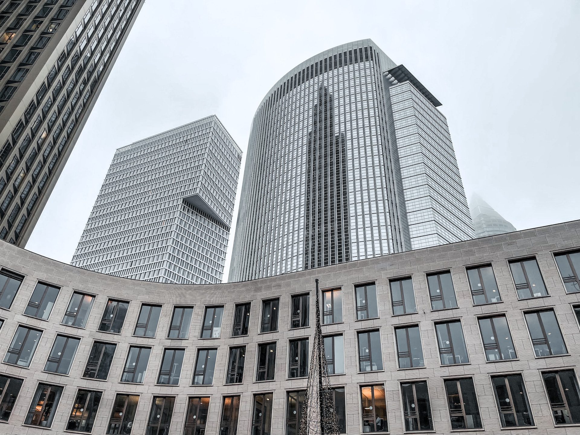 grey buildings and skyscrapers in the background