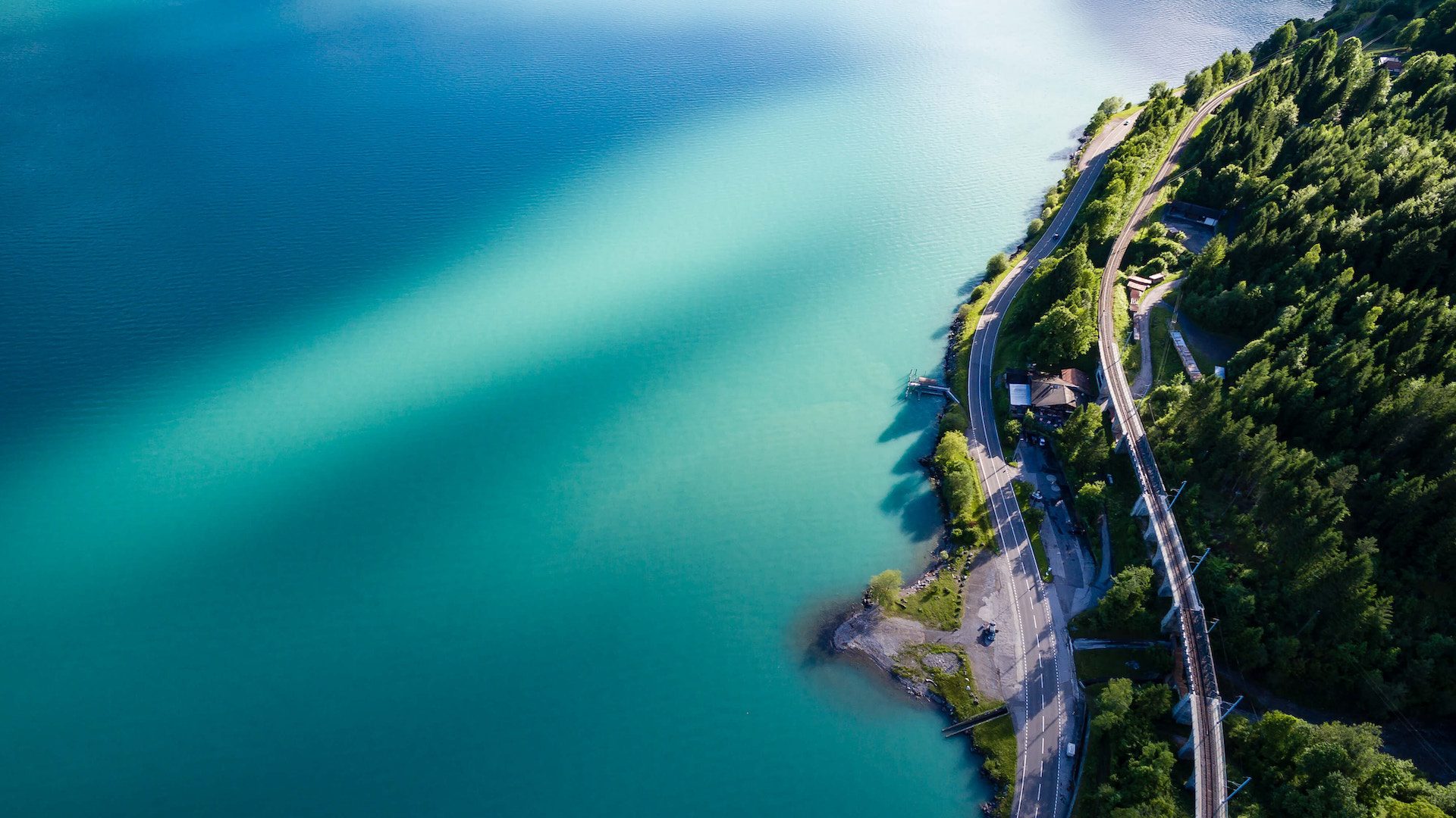 birds eye view of ocean with roads and trees